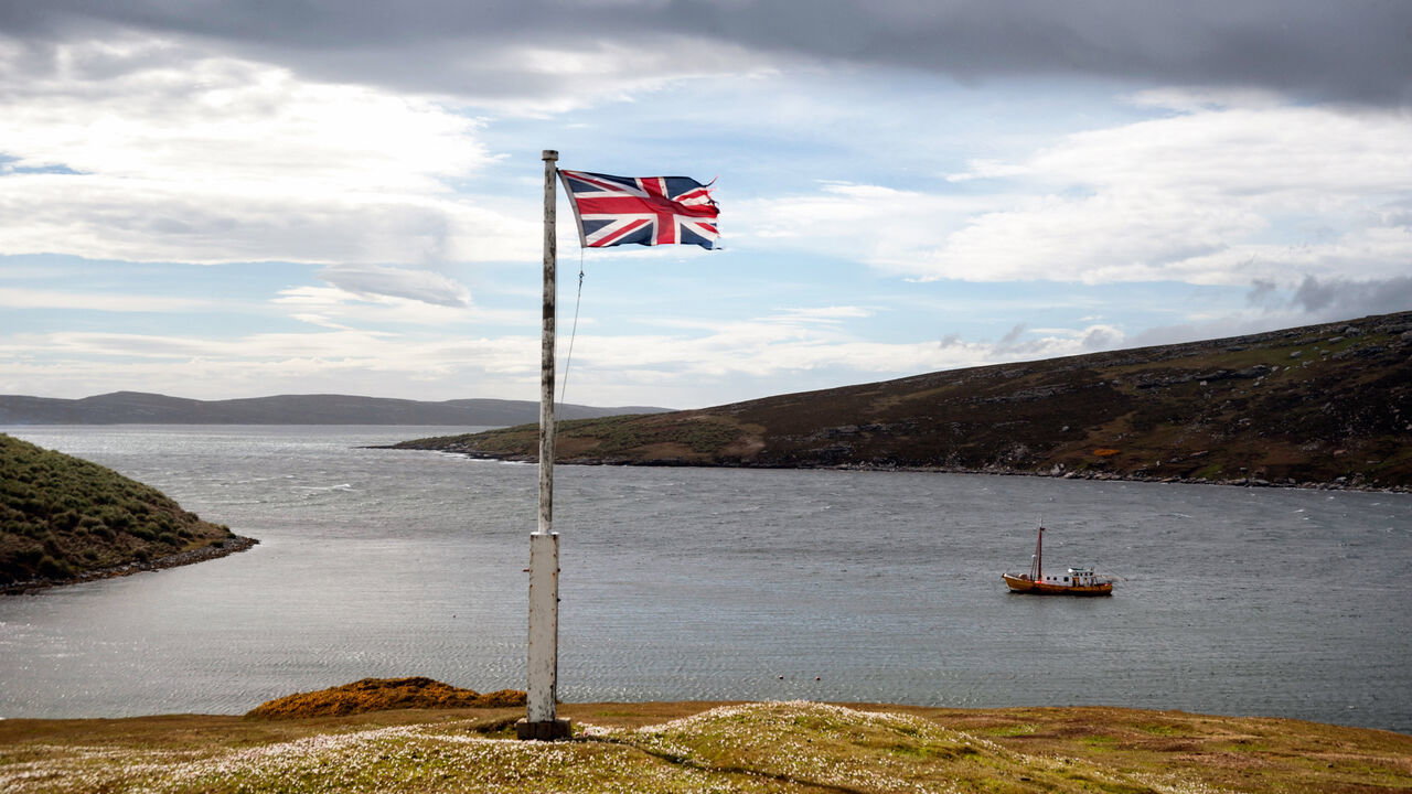 The Union Jack flag fluttering in the wind, Falkland Island
