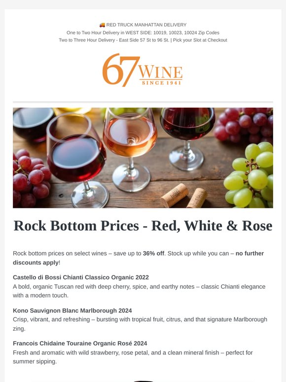 Castello di Bossi 36% Off, Kono Sauvignon 23% Off,  Chidaine Rose 25% Off