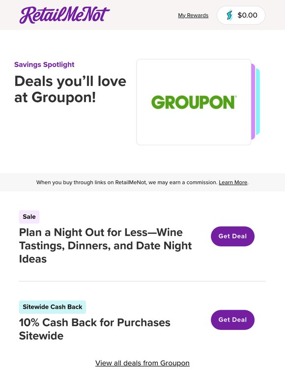 🏷️ Groupon: Plan a Night Out + 10% Cash Back!
