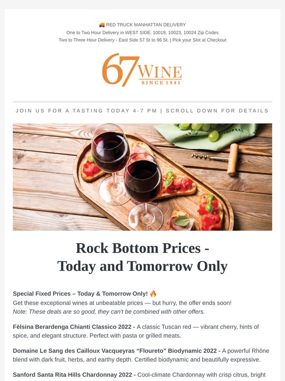 Felsina Chianti 19% Off, Sanford Chardonnay 25% Off, Le Sang Vacqueyras 28% Off