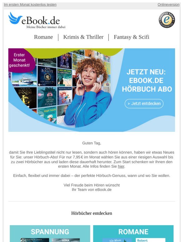Im 1. Monat gratis: Testen Sie unser Hörbuch Abo! 🎧📖