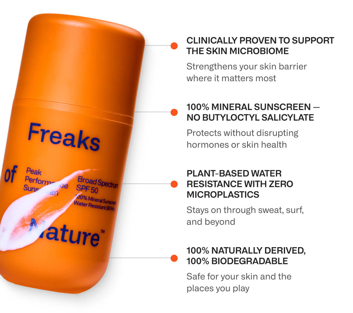 Clinically proven to support the skin microbiome Strengthens your skin barrier where it matters most 100% mineral sunscreen — no butyloctyl salicylate Protects without disrupting hormones or skin health Plant-based water resistance with zero microplastics Stays on through sweat, surf, and beyond 100% naturally derived, 100% biodegradable Safe for your skin and the places you play