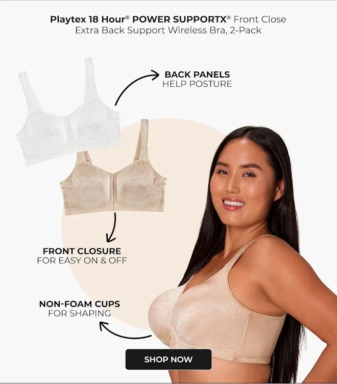 Playtex 18 Hour POWER SUPPORTX Front Close Extra Back Support Wireless Bra, 2-Pack