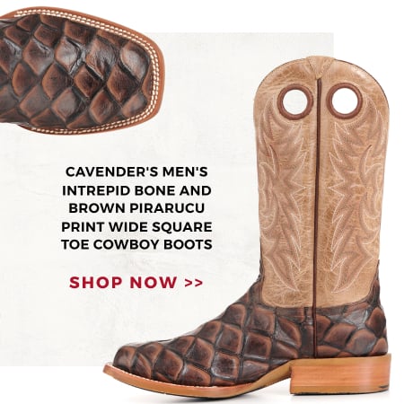 CAVENDER'S MEN'S INTREPID BONE AND BROWN PIRARUCU PRINT WIDE SQUARE TOE COWBOY BOOTS | SHOP NOW >>