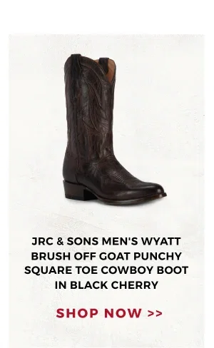 JRC & SONS MEN'S WYATT BRUSH OFF GOAT PUNCHY SQUARE TOE COWBOY BOOT IN BLACK CHERRY | SHOP NOW >>