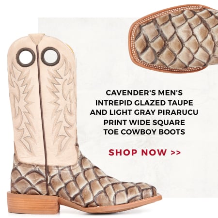 CAVENDER'S MEN'S INTREPID GLAZED TAUPE AND LIGHT GRAY PIRARUCU PRINT WIDE SQUARE TOE COWBOY BOOTS | SHOP NOW >>