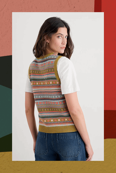 GIF of model wearing the cove cottage womens fair isle knitted vest