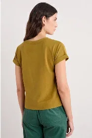 Image of model wearing the bryher view organic cotton boat neck tshirt