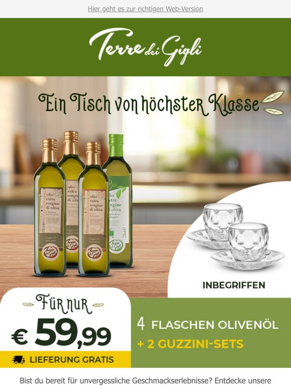 Nur für kurze Zeit: 2 Guzzini-Tassen-Sets und 4 Flaschen Olivenöl extra vergine für nur 59,99 € ✨ - Lieferung gratis