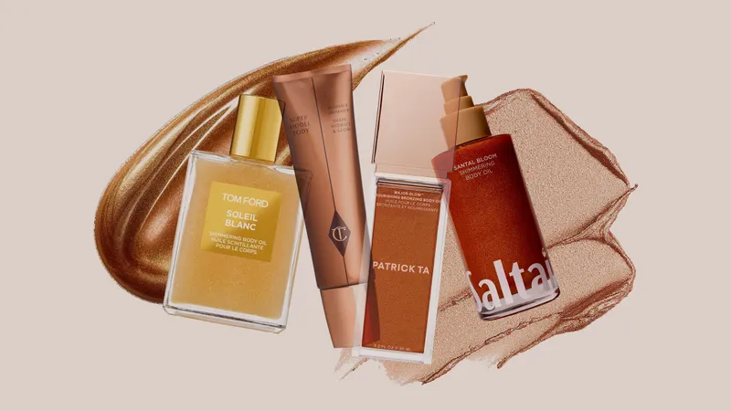 Collage of bottles of body shimmer and product smears