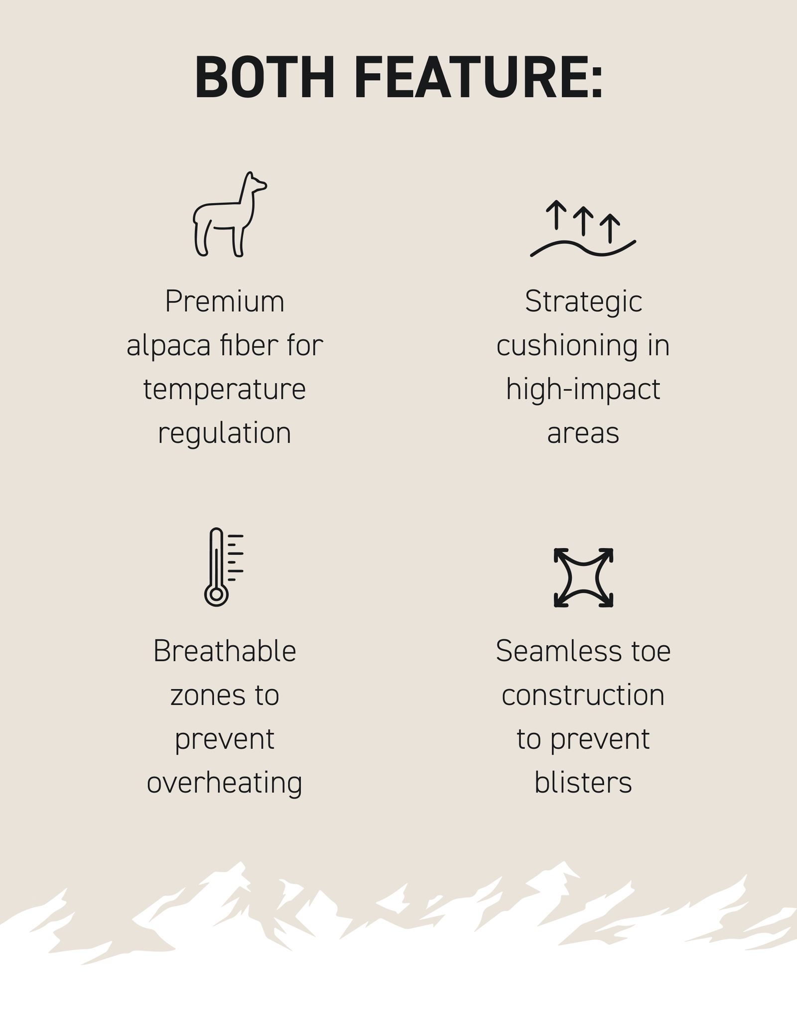 Both Feature: Premium alpaca fiber for temperature regulation Strategic cushioning in high-impact areas Breathable zones to prevent overheating Seamless toe construction to prevent blisters