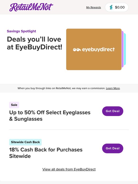 👓 EyeBuyDirect: Up to 50% Off  + 18% Cash Back!