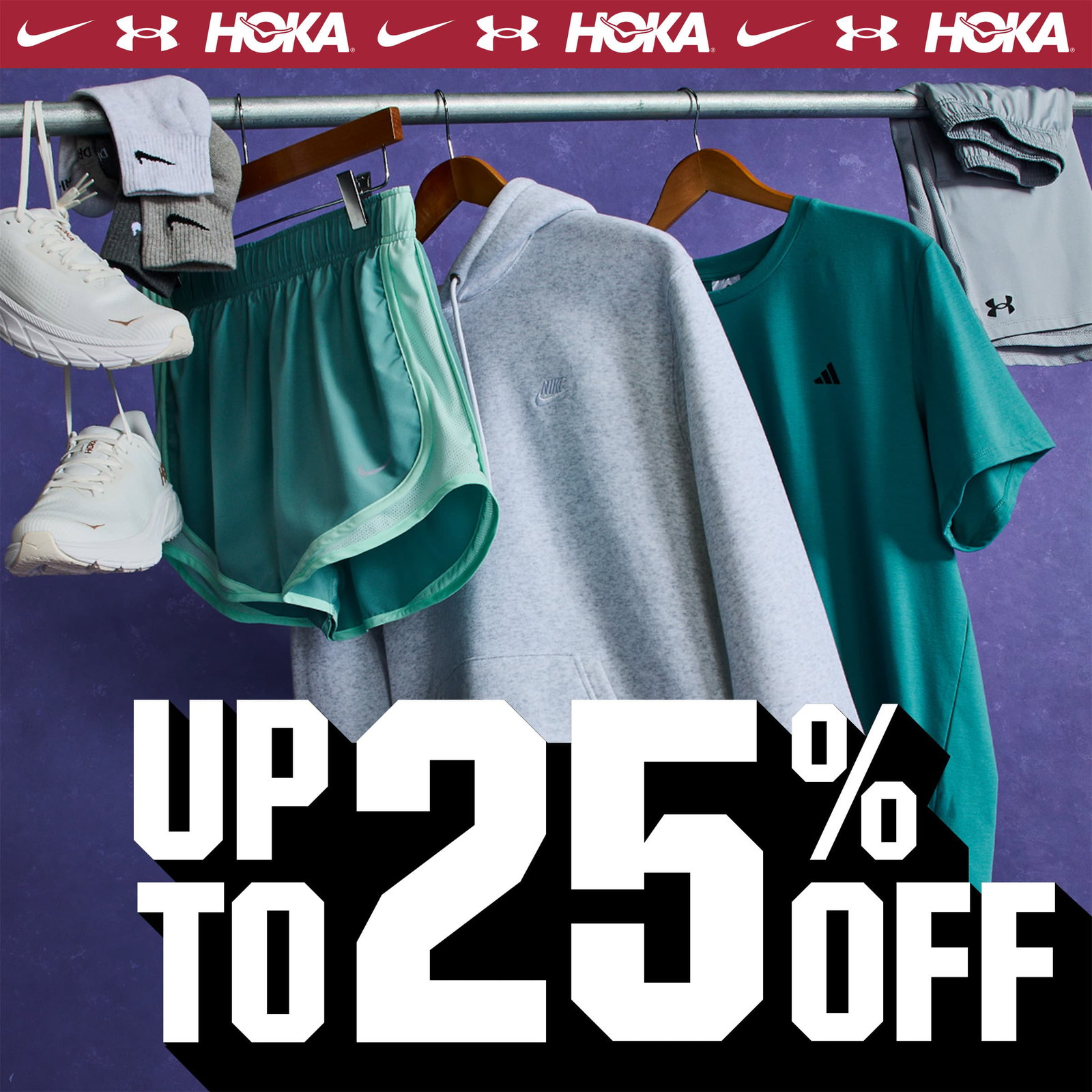  Up to 25% off. Nike. Under Armour. HOKA.