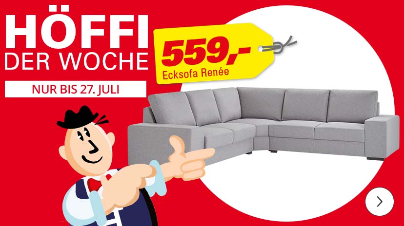 Der Höffi-Mascot zeigt auf ein graues Ecksofa, das für 559,-€ angeboten wird.