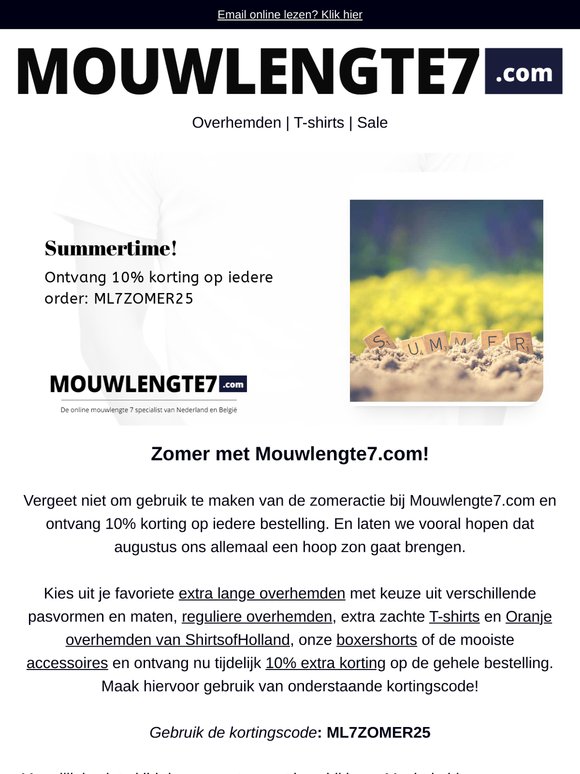 Zomeractie Mouwlengte7.com: 10% korting op iedere bestelling