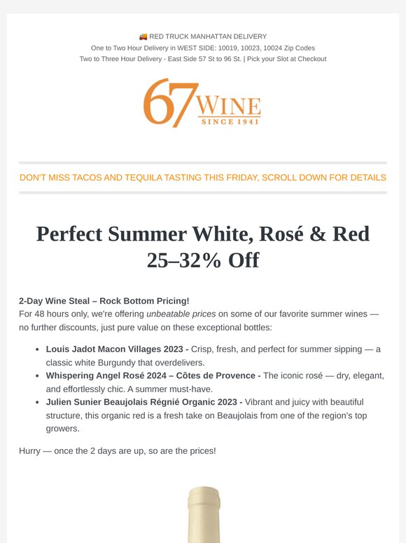 Perfect Summer White, Rosé & Red – 25–32% Off: Whispering Angel, Sunier, Jadot!