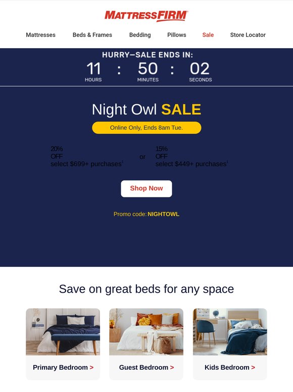 Act fast, night owls 🌙 Up to 20% off better zzz’s—only till 8AM