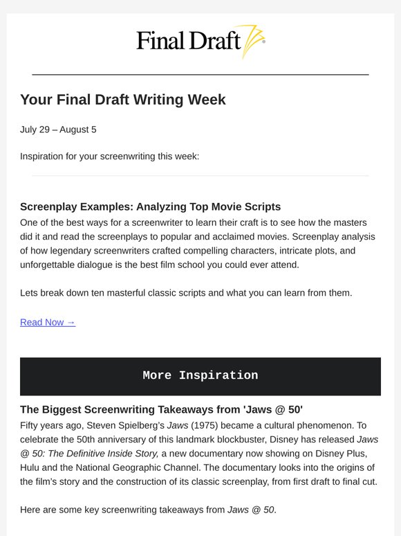 Your Final Draft Weekly Digest: July 29 – August 5