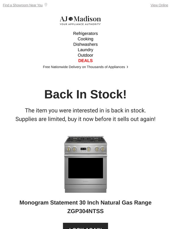 Back in stock! Monogram Statement 30 Inch Natural Gas Range ZGP304NTSS