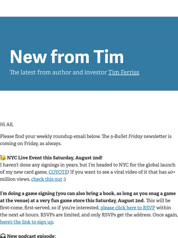 New from Tim — NYC Live Event with Tim, Dr. Rhonda Patrick’s Longevity Toolkit