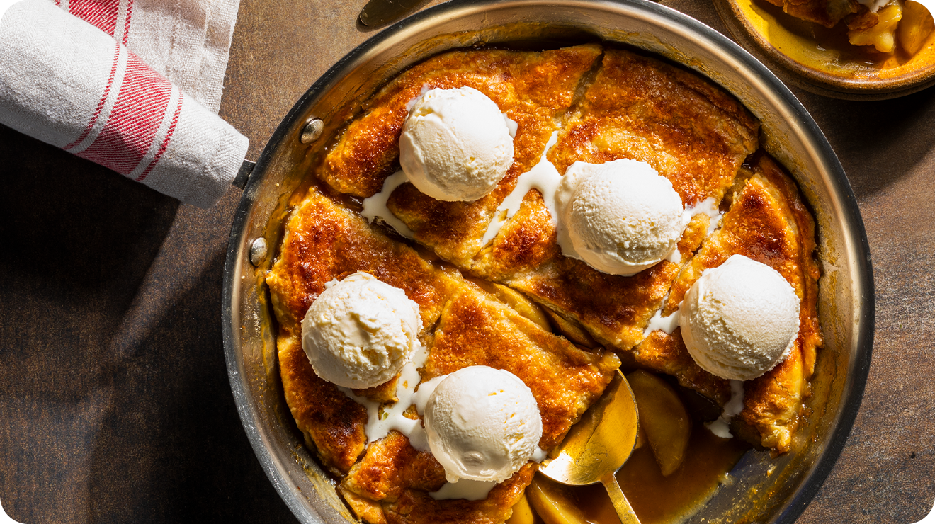 Skillet Apple Pie topped with ice cream