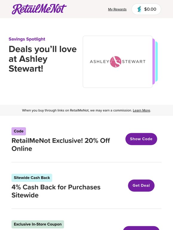 👚 Ashley Stewart: Exclusive 20% Off + 4% Cash Back & More!