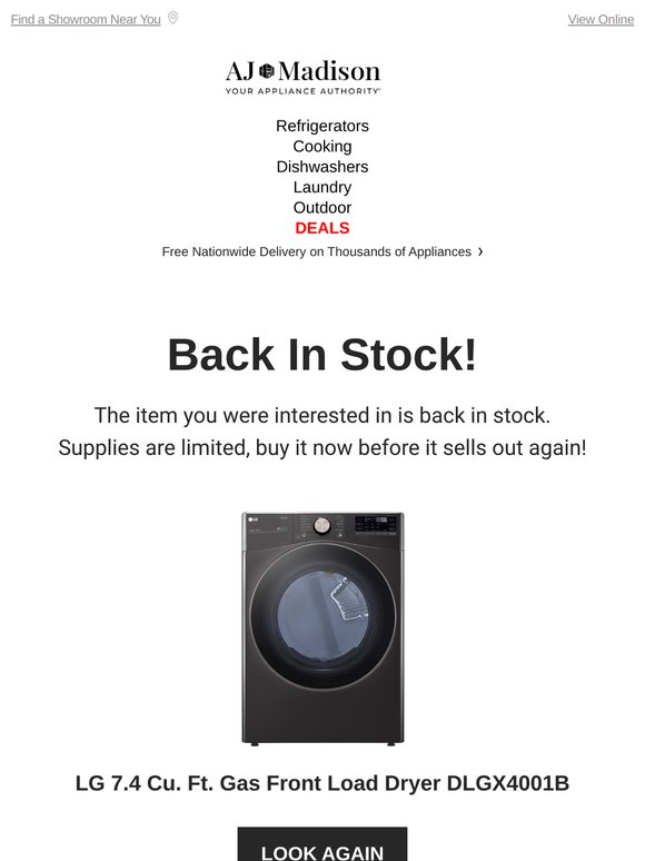 Back in stock! LG 7.4 Cu. Ft. Gas Front Load Dryer DLGX4001B