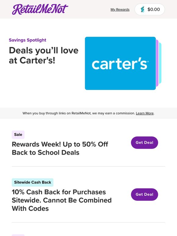 🧸 Carter's: Up to 50% Off + 10% Cash Back & More!