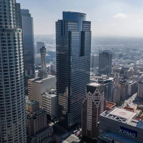 The estimated price tag to earthquake-proof the Gas Company Tower, center, is $230 million.