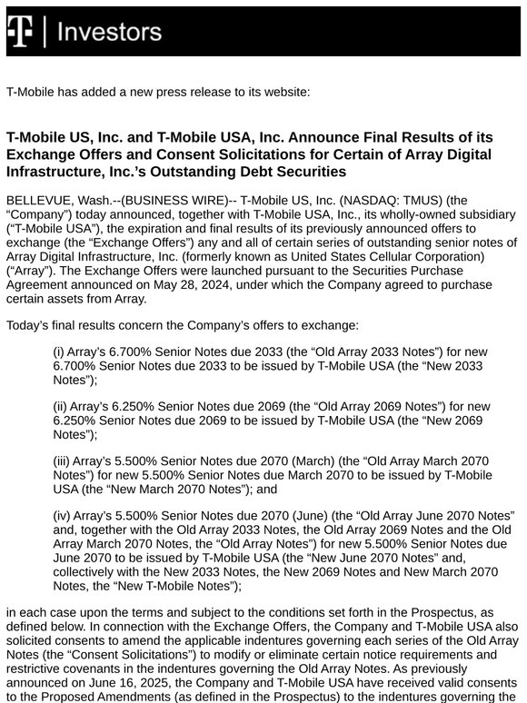 T-Mobile - T-Mobile US, Inc. and T-Mobile USA, Inc. Announce Final Results of its Exchange Offers and Consent Solicitations for Certain of Array Digital Infrastructure, Inc.’s Outstanding Debt Securities