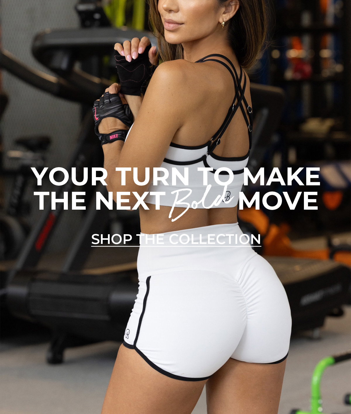image of model wearing Power Line set in White with text