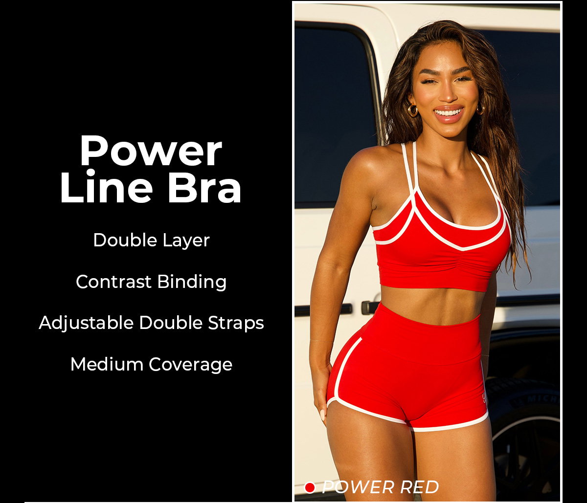 image of model wearing Power Line Bra with text