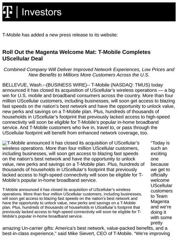 T-Mobile - Roll Out the Magenta Welcome Mat: T-Mobile Completes UScellular Deal
