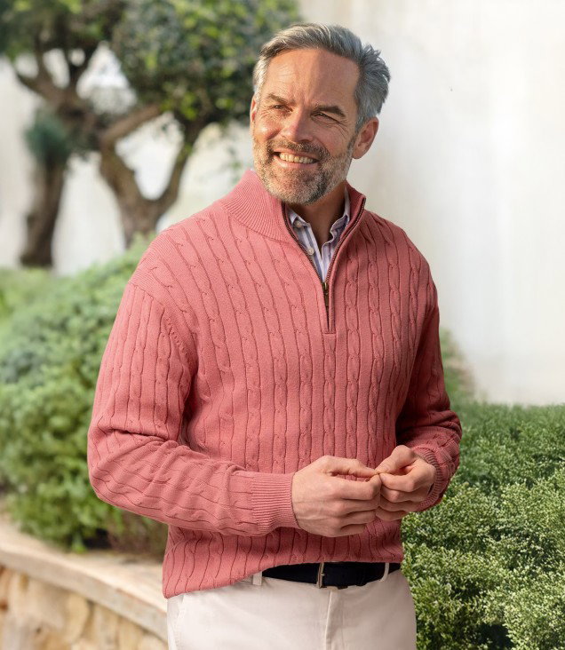 PURE COTTON CABLE KNITTED T-ZIP JUMPER