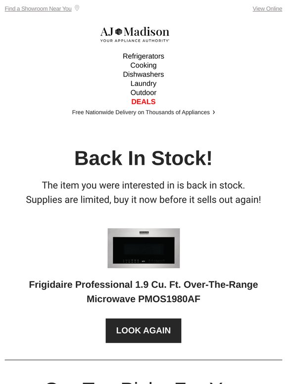 Back in stock! Frigidaire Professional 1.9 Cu. Ft. Over-The-Range Microwave PMOS1980AF