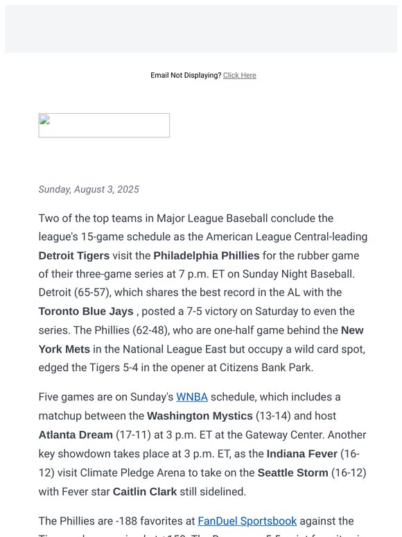 What to watch Sunday night: Phillies host Tigers on Sunday Night Baseball, WNBA + more best bets