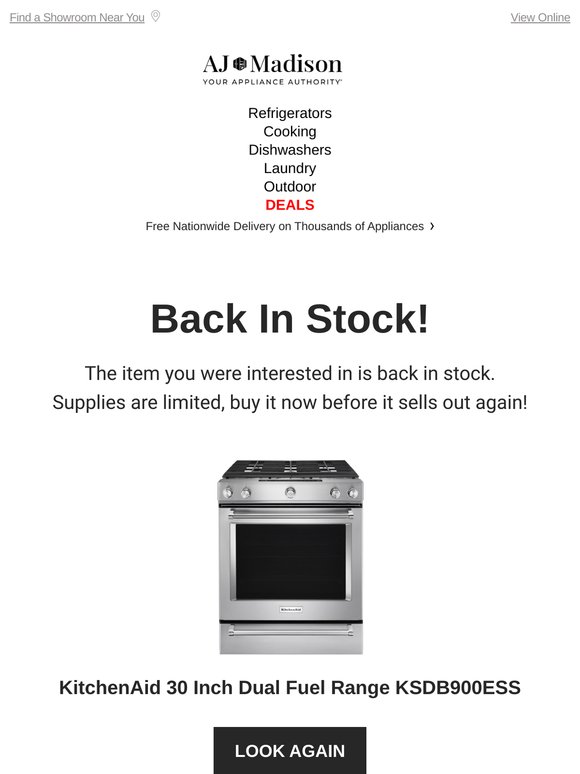 Back in stock! KitchenAid 30 Inch Dual Fuel Range KSDB900ESS