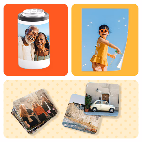 A koozie, repositionable poster and stack of coasters featuring different summer activities.