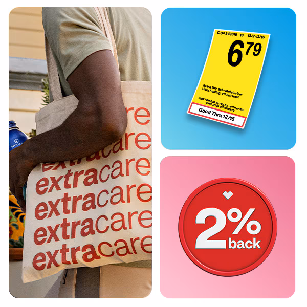 Member with an ExtraCare® bag enjoys saving with sale prices and 2% back in ExtraBucks Rewards®  at CVS®