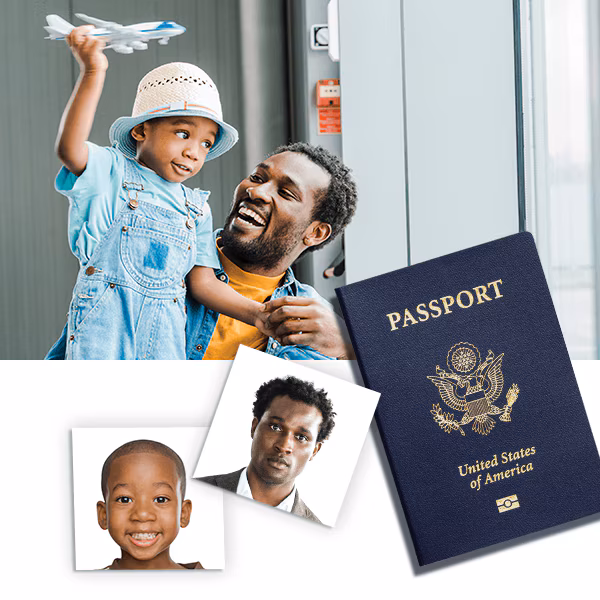 The cover of a passport and example passport photos of a parent and their child are shown next to that same parent and child playing in an airport waiting area.