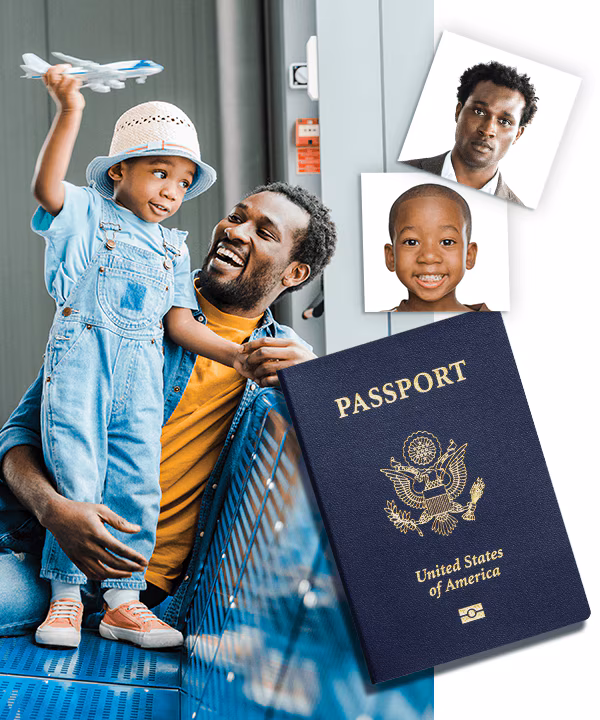The cover of a passport and example passport photos of a parent and their child are shown next to that same parent and child playing in an airport waiting area.