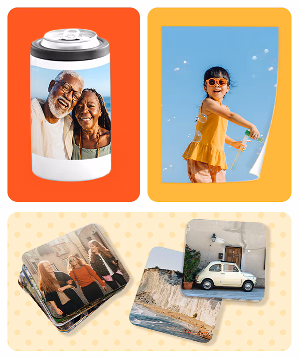 A koozie, repositionable poster and stack of coasters featuring different summer activities.