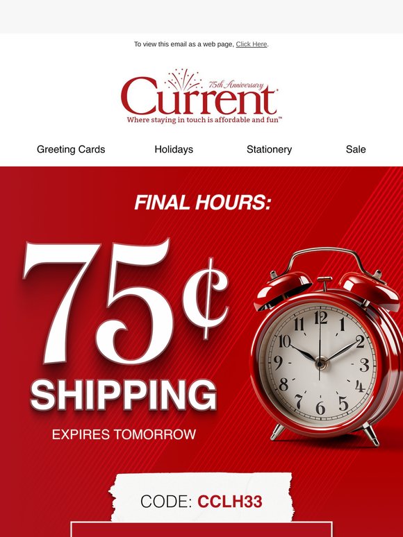 LAST CHANCE: 75¢ shipping ends tomorrow! ⏰