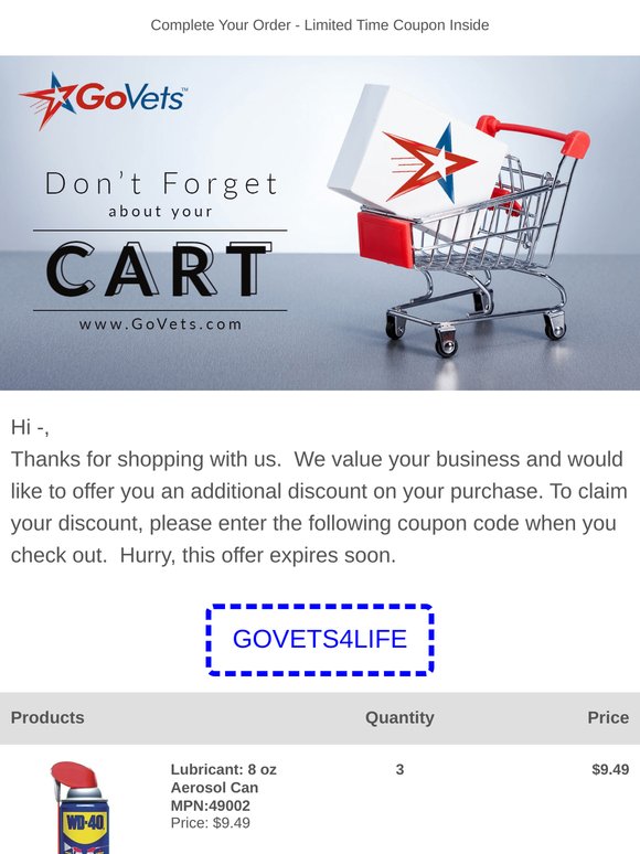 Complete Your Order with Promo Code GOVETS4LIFE