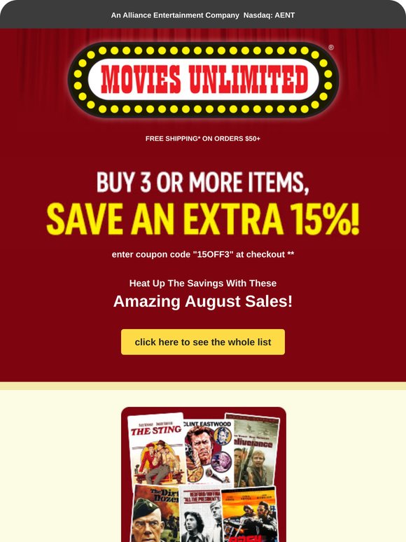 LAST DAY! Buy 3 DVDs or Blu-rays, Save an Extra 15%!