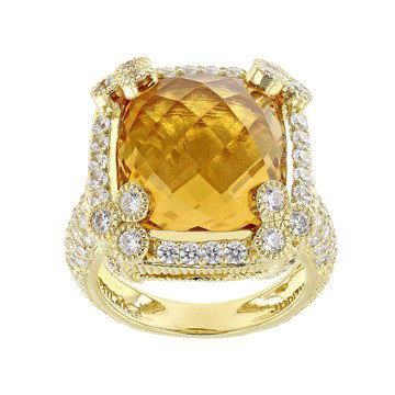 Judith Ripka Champagne Quartz and Cubic Zirconia 14k Gold Clad Monaco Ring 14.35ctw