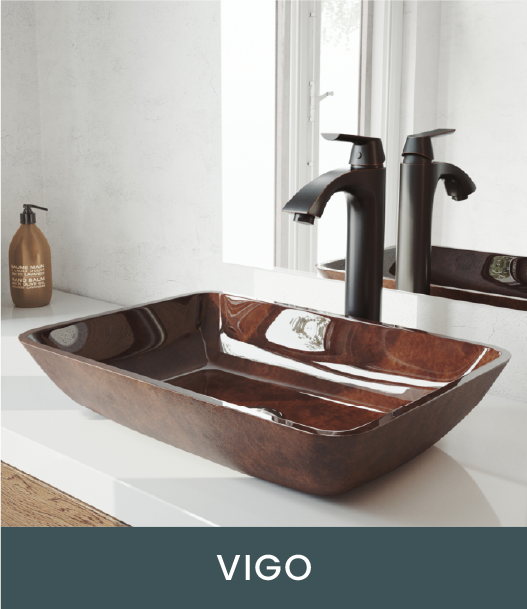 Image of Vigo Rectangular Russet Glass Vessel Bathroom Sink with Linus Faucet in Antique Rubbed Bronze and Pop-Up Drain