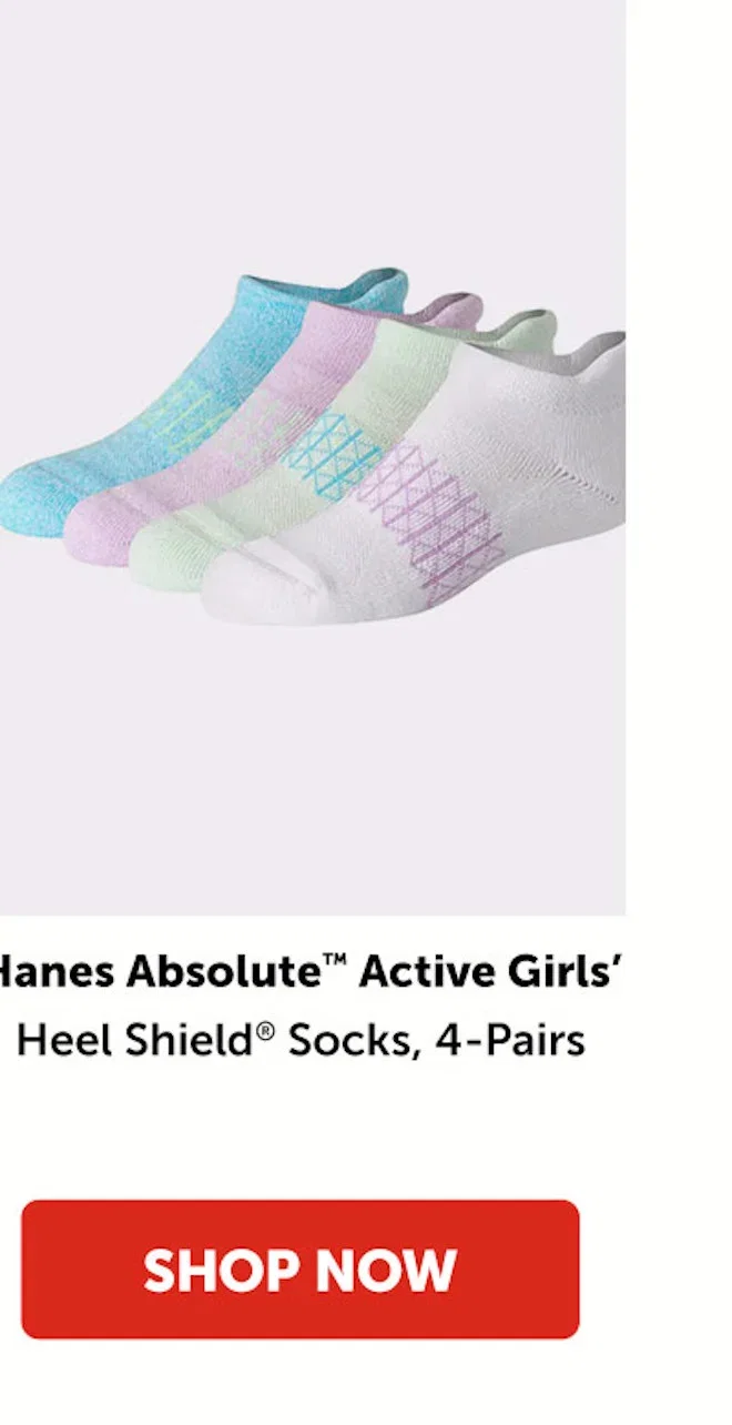 Hanes Absolute Active Girls’ Heel Shield Socks, 4-Pairs