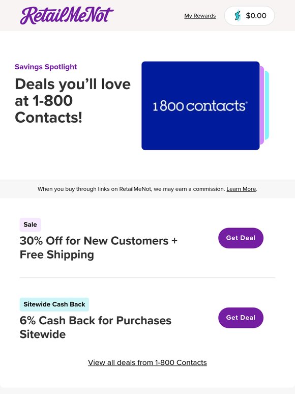 👓 1-800 Contacts: 30% Off + 6% Cash Back!
