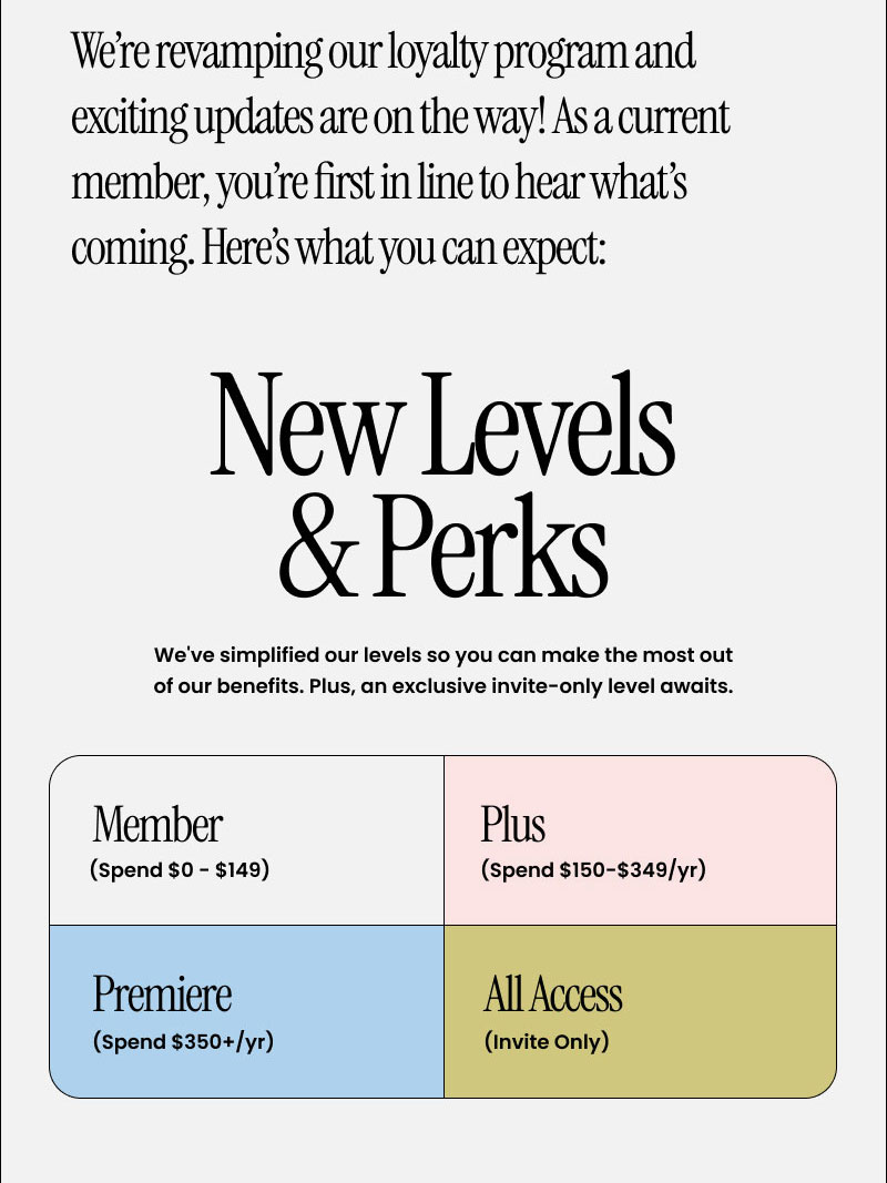 Hi, We’re revamping our loyalty program and exciting updates are on the way! As a current member, you’re first in line to hear what’s coming. Here’s what you can expect:New Levels & Perks  We've simplified our levels so you can make the most out of our benefits. Plus, an exclusive invite-only level awaits.  Member (Spend $0 - $149) Plus (Spend $150-$349/yr) Premiere (Spend $350+/yr) All Access (Invite Only)    Check back for a full breakdown of benefits when we launch!